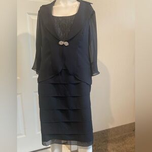 Dana Kay~Navy~Semi~Sheer~Layered Ruffles~Textured Bodice~Bolero~Dress~Size 10